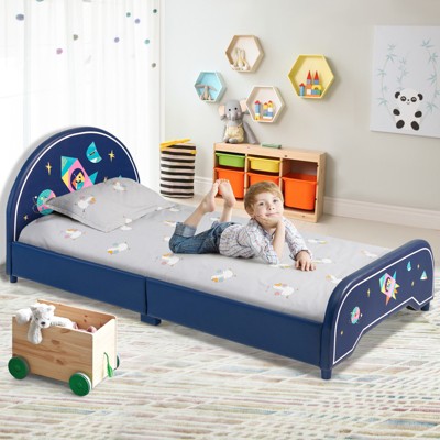 Infans Kids Upholstered Platform Bed Children Twin Size Wooden Bed Rocket Pattern