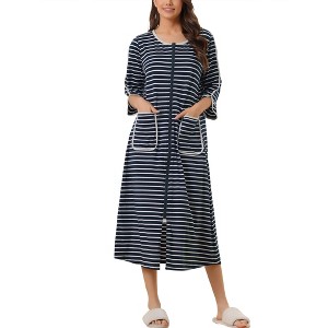 cheibear Women's Zip Front Robe 3/4 Sleeve Striped Long Bathrobe Dress Pajama - 1 of 4
