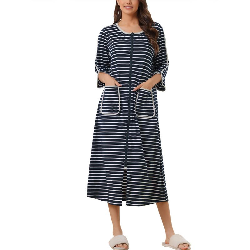 cheibear Women's Zip Front Robe 3/4 Sleeve Striped Long Bathrobe Dress Pajama, 1 of 6
