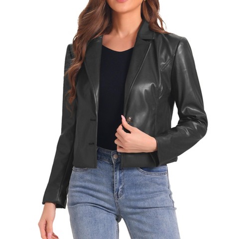 Allegra K Women's Faux Leather Motorcycle Vintage Cropped Blazer Jackets X-Small Black