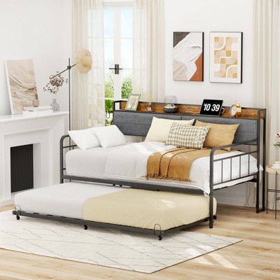 LOVMOR Twin Size Daybed with Trundle, Sturdy Metal Sofa Bed Frame w/ Upholstered Storage Headboard and Charging Station for Living Room Bedroom, Black