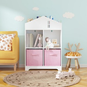 Racxily Kids Dollhouse Bookcase with Storage, 2-Tier Storage Display Organizer, Toddler Bookshelf with 2 Collapsible Fabric Drawers - 1 of 4