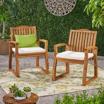 VASIP Outdoor Wooden Armchair with beige Cushion, Set of 2, Vertical Slat Back Design with sled-style base for Garden Patio Porch, Teak Brown