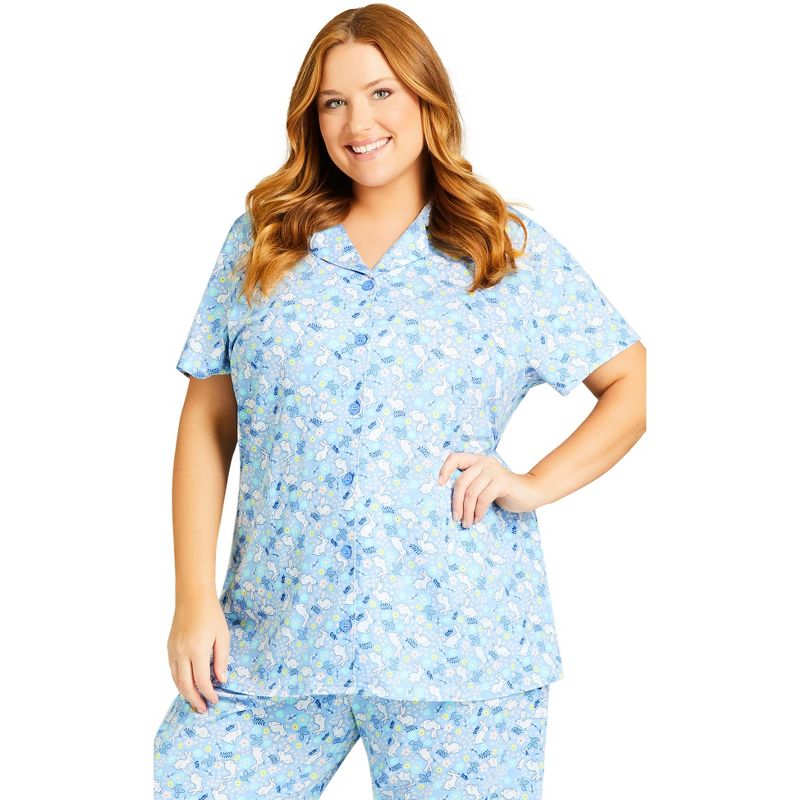 Women's Plus Size Bunny Button Up Sleep Top - blue bunny| AVENUE, 1 of 4