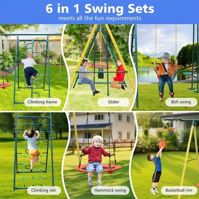Swing Sets For Backyard, Metal A-Frame Swing Set With Saucer Swing, Belt Swing, Climbing Rope, Climbing Ladder, See Saw