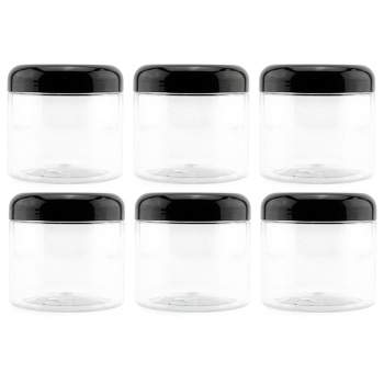 Cornucopia Brands Clear Plastic Jars w/ Black Plastic Lids 6pk; BPA Free for Bathroom, Kitchen, Crafts
