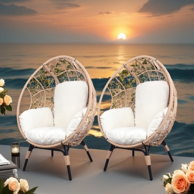 FURNIinspire Patio Accent Chairs 2 Pieces Grid Wicker Weaving Patio Egg Chair With Natural Color Rattan Beige Cushion, Brown, 34“*37"*54"