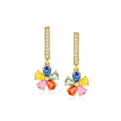 Ross-Simons 1.60 ct. t.w. Multicolored Sapphire Floral Drop Earrings With .10 ct. t.w. Diamonds in 18kt Gold Over Sterling