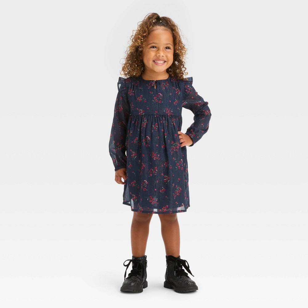 OshKosh B'gosh Toddler Girls' Floral Long Sleeve Dress - Navy Blue 4T