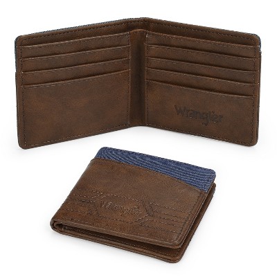 Wrangler Genuine Leather Bifold Wallet for Men with Denim Accent, 0.6" Slim Fold Casual Purse, Best Gift for Men (In Gift Box)