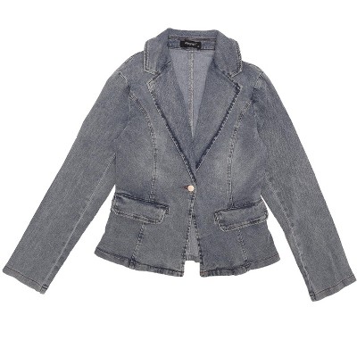 INSPIRE CHIC Women's Notched Lapel Button Up Long Sleeve Washed Denim Blazer