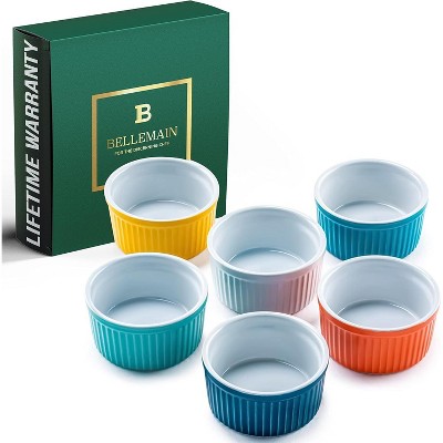 Bellemain 4oz Porcelain Mini Bowls – Set of 6 Multi-Color Ramekins for Baking, Custard, Dips & More – Oven Safe to 500°F