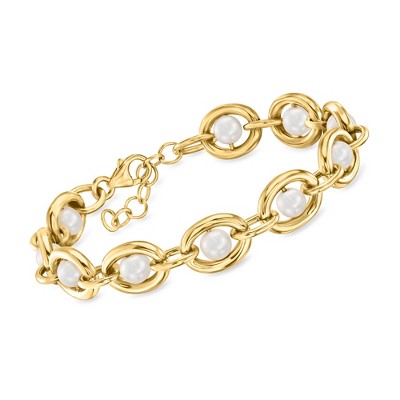 Ross-Simons 5.5-6mm Cultured Pearl Link Bracelet in 18kt Gold Over Sterling Size 7