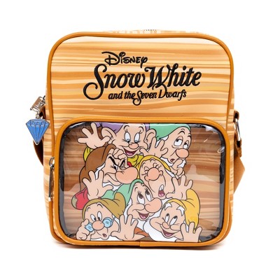 Disney Vegan Leather Crossbody Backpack with Adjustable Strap, Snow White and the Seven Dwarfs Face Smash Group Pose and Faux Wood Grain