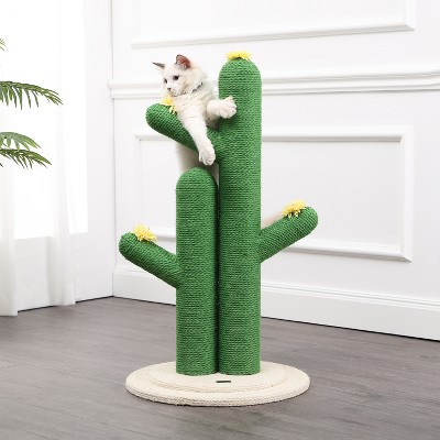 Socorro 34.25" Green Jute Double-Cactus Cat Scratching Post with Flower Toys