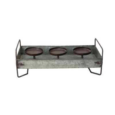 Raz 15” Rustic Galvanized Metal Triple Christmas Pillar Candle Holder Tray - Brown