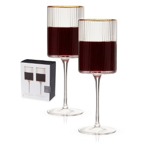 Viski Meridian Ribbed Wine Glasses, Crystal Wine Glass Unique Art Deco Glassware, Gold Rimmed Stemmed Glass for Wine 16oz Set of 2 - 1 of 4