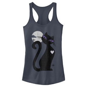 Juniors Womens Lost Gods Halloween Full Moon Black Cat Heart Racerback Tank Top - 1 of 4