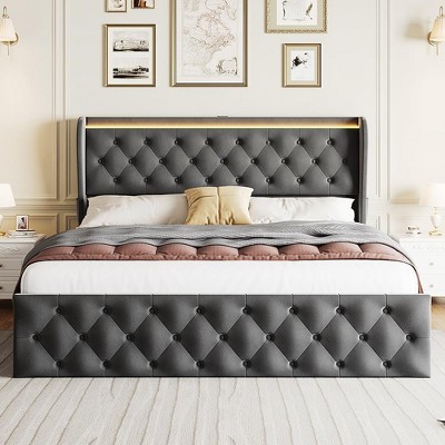 Whizmax Bed Frame with Charging Station and 4 Storage Drawers, Upholstered Platform Bed Frame with Wingback Headboard, Button Tufted, Velvet, Gray