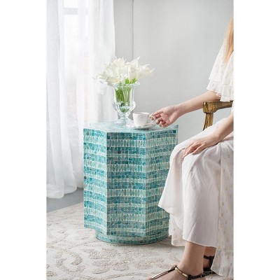 Kumasinova 14x14x20" Decorative Accent End Table,2-In-1 Garden Stools with Blue Capiz Design for Living Room,Premium MDF Side Table,Art Decor