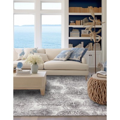 Elegant Monte Carlo 5' Square Light Gray Floral Synthetic Rug
