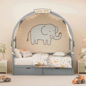 Twin Size Extended Bed With Arched Roof And Trundle, Trundle Beds Twin Size With Ground-Level Safety Design, Grounded Bed Modern-Cuddlewood - 1 of 4