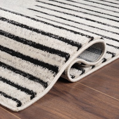 Cream and Black Geometric Stripe Synthetic Area Rug 7'10" x 10'