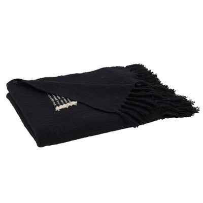 Black Cotton Throw Blanket with Fringed Lines, 50 x 60 Inch