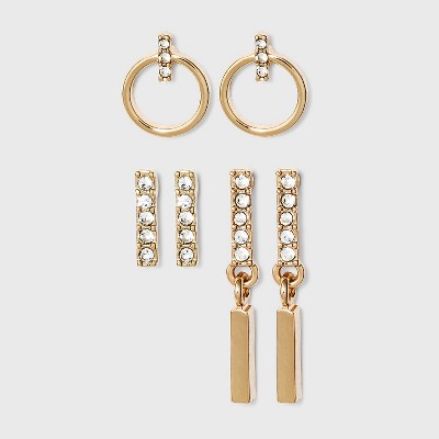 Small Hoop Linear Drop Bar Stud  Earring Set 3pc - A New Day™ Gold