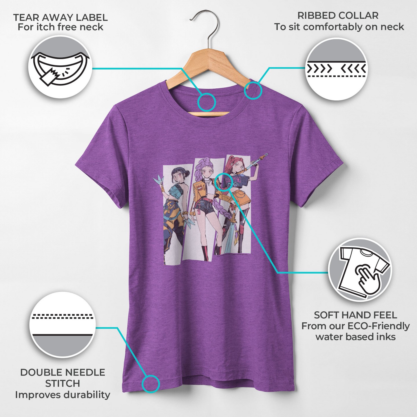 Детская футболка KPop Demon Hunters Girls' HUNTR/X Manhwa Comic Group Shot T Shirt - Purple Berry - Medium, цвет: Фиолетовый — фото 3