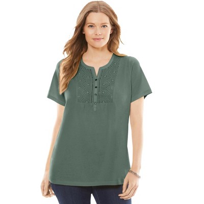 Woman Within Plus Size Eyelet Henley Tee
