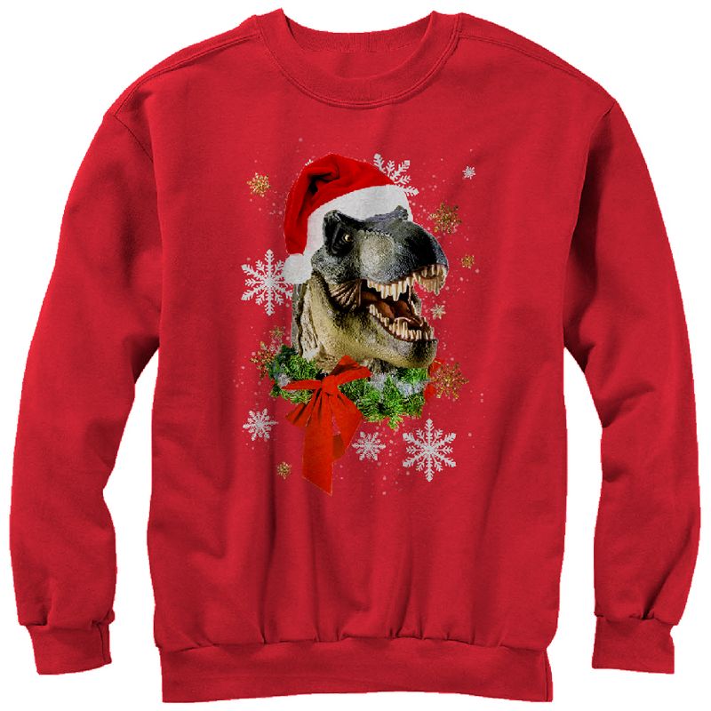 Women's Lost Gods Ugly Christmas T Rex Santa Claus Sweatshirt, 1 of 4