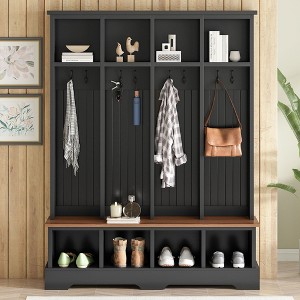 Sapphtopaz 59" Farmhouse 3-in-1 Hall Tree with 8 Hooks,Modern Entryway Bench with Open Compartments&Shoe Rack,Shoe Cabinet for Entryway,Hallway - 1 of 4