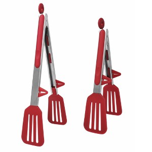 Unique Bargains Kitchen Cooking Set Stainless Steel with Stands Silicone Tongs Burgundy 9"&12" 2 Pcs - 1 of 4