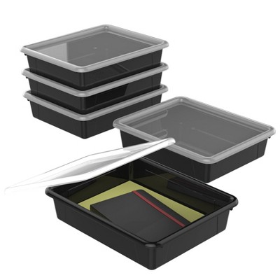 5pk Flat Storage Tray with Lid Black - Storex