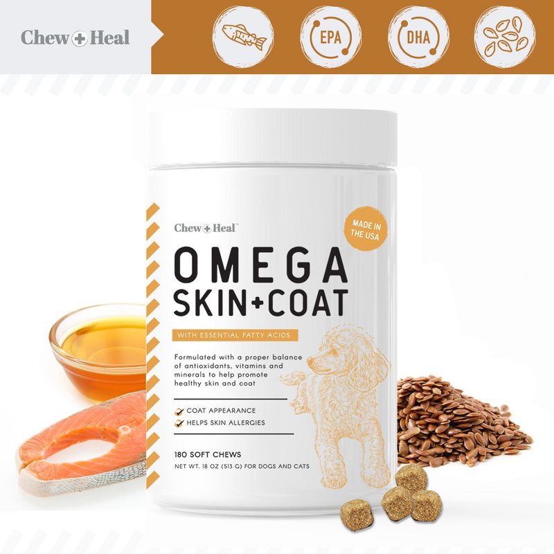 Chew + Heal Omega Skin + Coat, Dog Supplement, Salmon Oil with Essential Fatty Acids & Vitamins - 180 Delicious Chews, 3 of 10