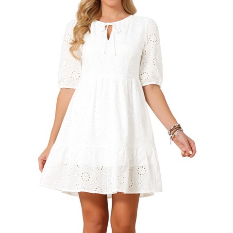 Женские платья INSPIRE CHIC Women's Lace Eyelet Summer Tie V Neck Half Puff Sleeve Tiered Flowy A Line Mini Dress Medium White