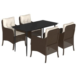 vidaXL 5 Piece Patio Dining Set - Brown Poly Rattan with Cushions, Tempered Glass Tabletop - Perfect for Garden, Backyard, Patio - 1 of 4