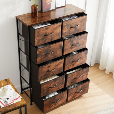 Sweetcrispy Tall Black and Wood 10-Drawer Dresser with Fabric Bins