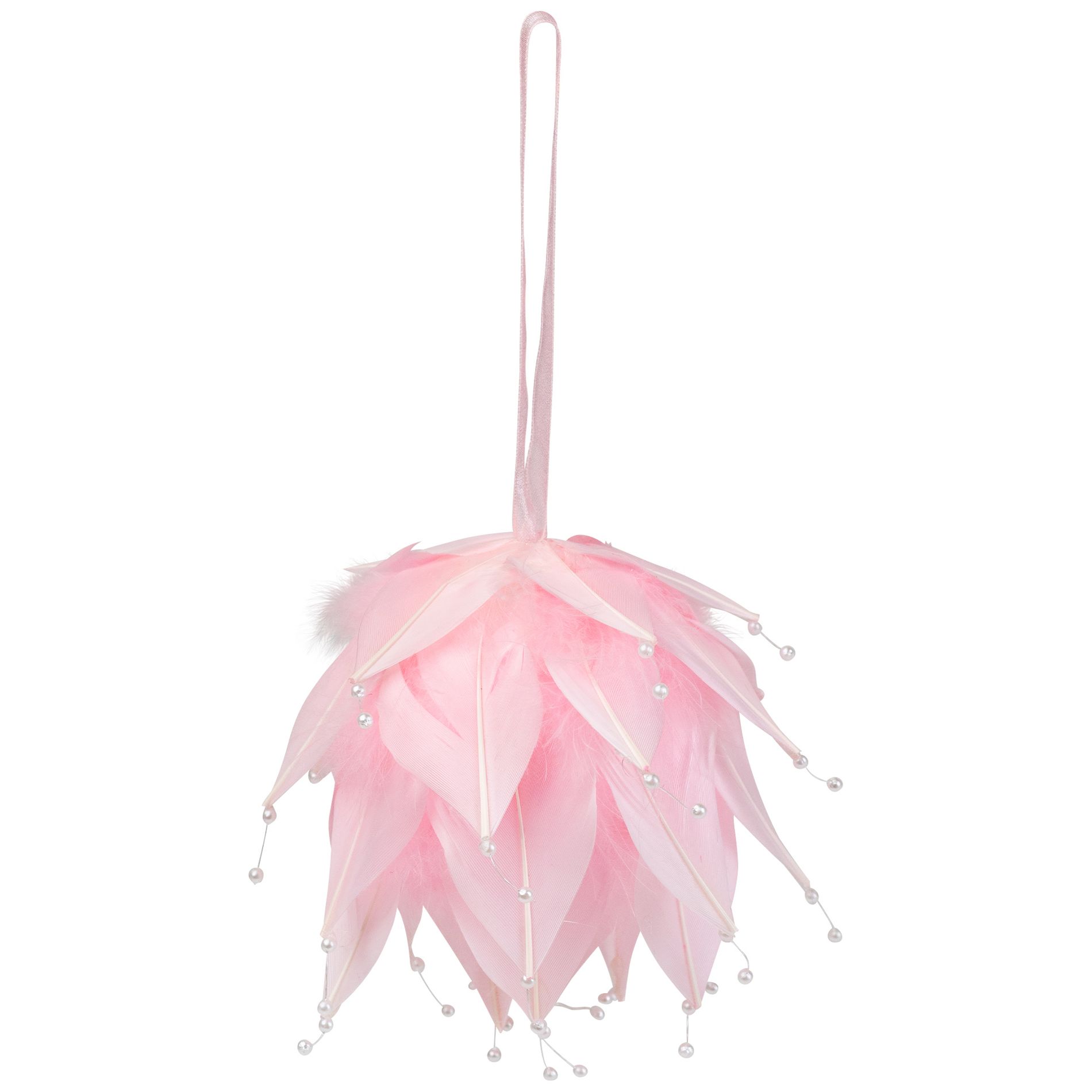Northlight Feathered Ball with Pearls Christmas Ornament - 4.25" - Pink and White
