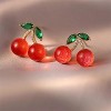 Cherry Fruit Crystal Small Earrings Gold Plated Handmade Charm Sweet 3D Red Fruits Green Leaf Glitter Rhinestone Cubia Zirconia Stud Earrings - 4 of 4