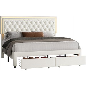 Bed Frame with LED Lights&Storage Drawers, Velvet Upholstered Platform Bed - 1 of 4