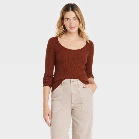 Women's Shrunken Rib Scoop Neck Pullover Sweater - Universal Thread™ Brown M  : Target