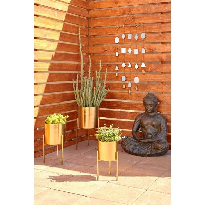 Set of 3 Gold Metal Planters with Stands - 18", 14", 12"H