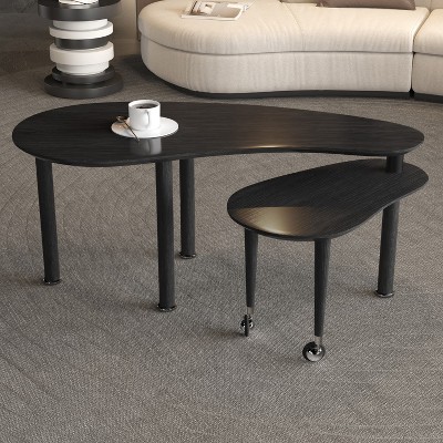 KTMBDW 2 Tier Modern Coffee Table, Rotatable Coffee Center Table with Wood Legs and Sintered Stone Tabletop, Cocktail Table for Living Room, Office