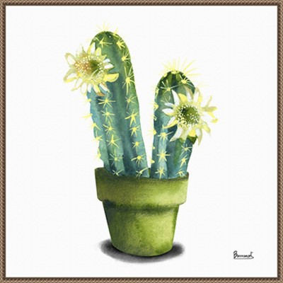 Cactus Flowers II Green and Yellow Canvas Print with Bronze Frame