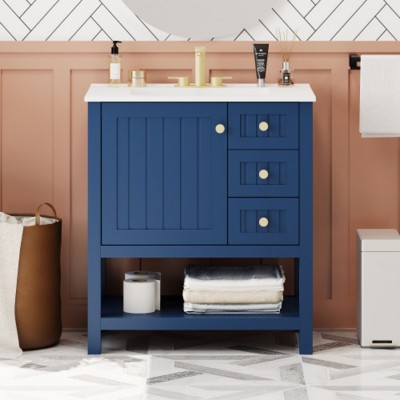 30 inch transitional style bathroom storage cabinet combination with ceramic sink and dressing table