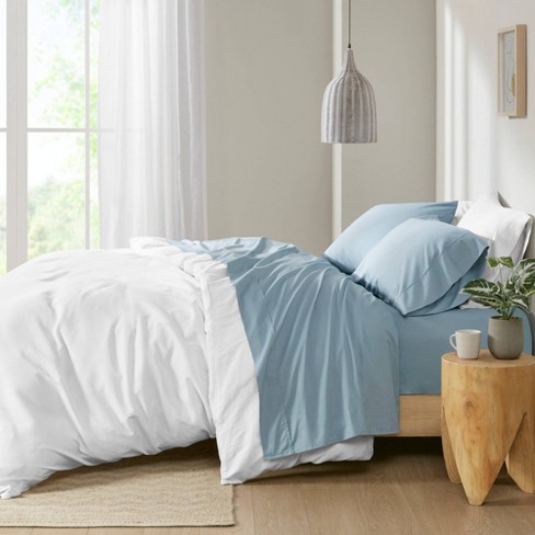 Full 200 Thread Count Cotton Peached Percale Sheet Set Blue : Target