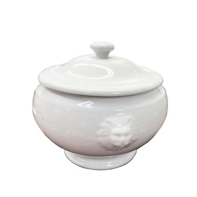 Essential Decor & Beyond White Ceramic Serving Bowl with Lion Head and Lid