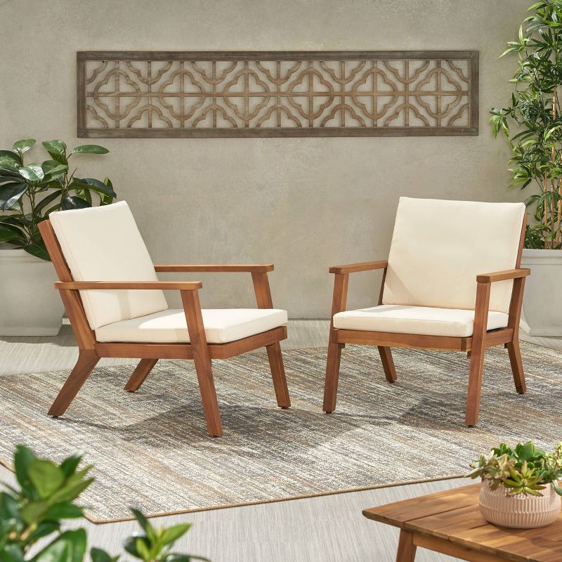 Temecula 2pk Outdoor Acacia Wood Club Chairs with Cushions - Brown Patina/Cream - Christopher Knight Home, 3 of 15